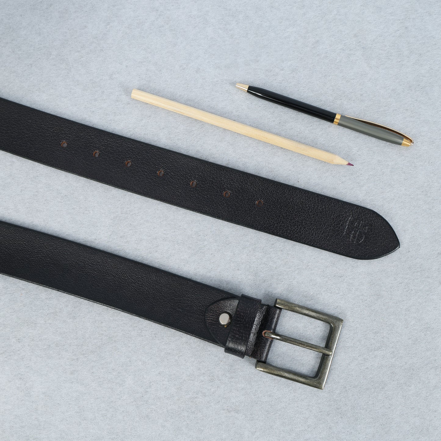 Black Hand-Painted Leather Belt - Tree Pattern with Antique Buckle