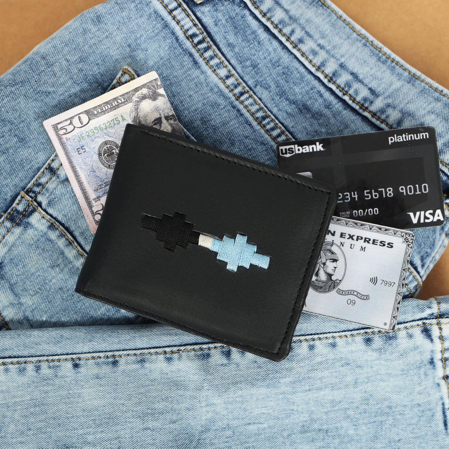 Handcrafted Gaucho Leather Wallet – Matt-Black Bifold with Sky-Blue & Black Patagonian Embroidery