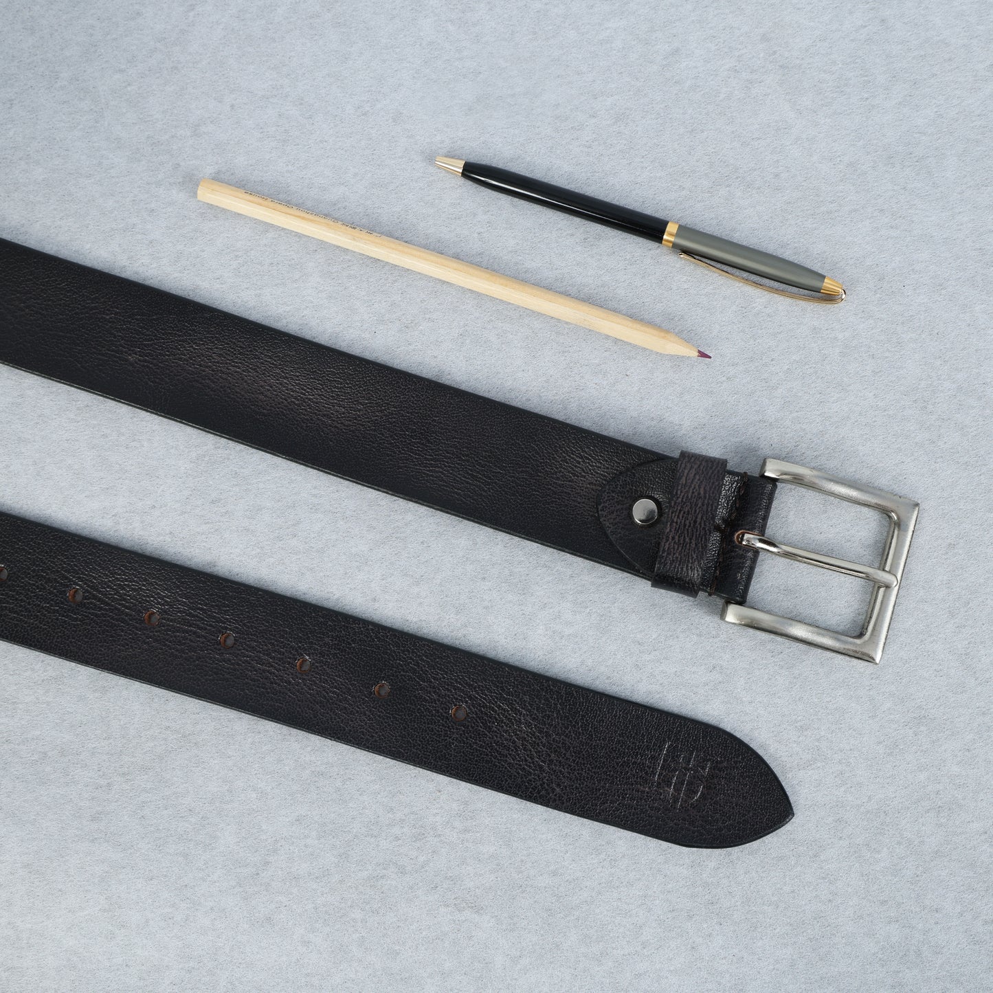 Black Hand-Painted Leather Belt - Distressed with Silver Buckle