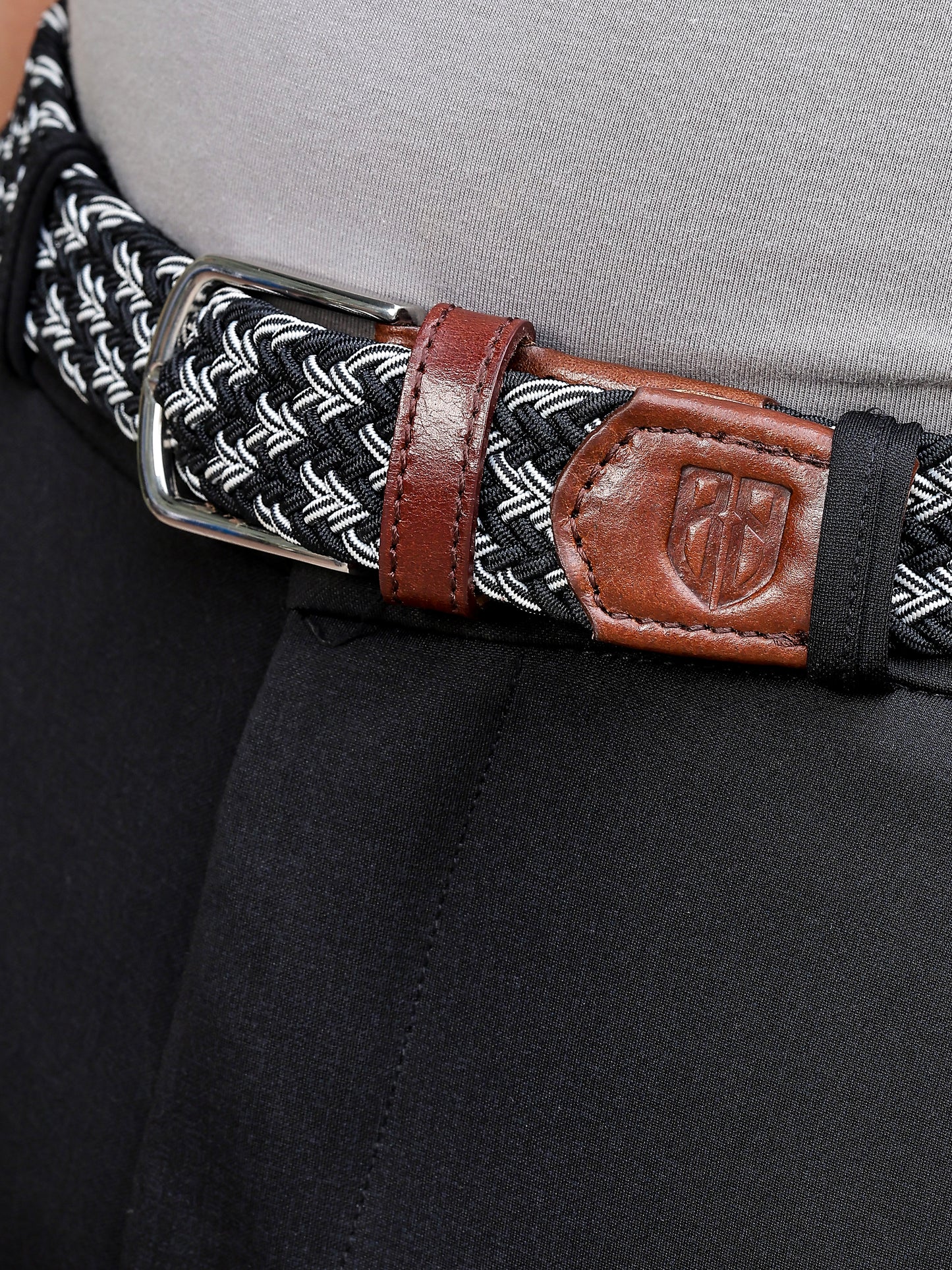 Golf Stretch Belt – Black & White Zigzag with Brown Leather Trim