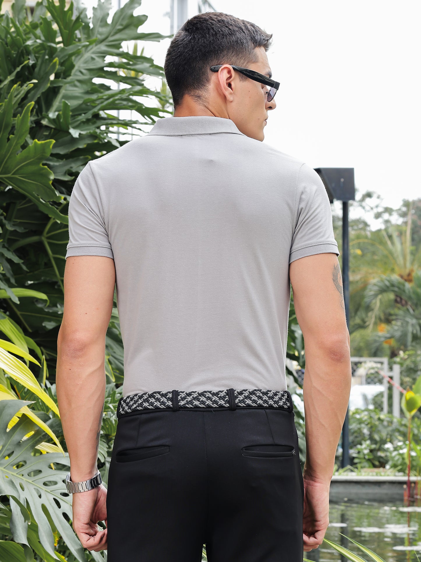 Golf Stretch Belt – Black & White Zigzag with Brown Leather Trim