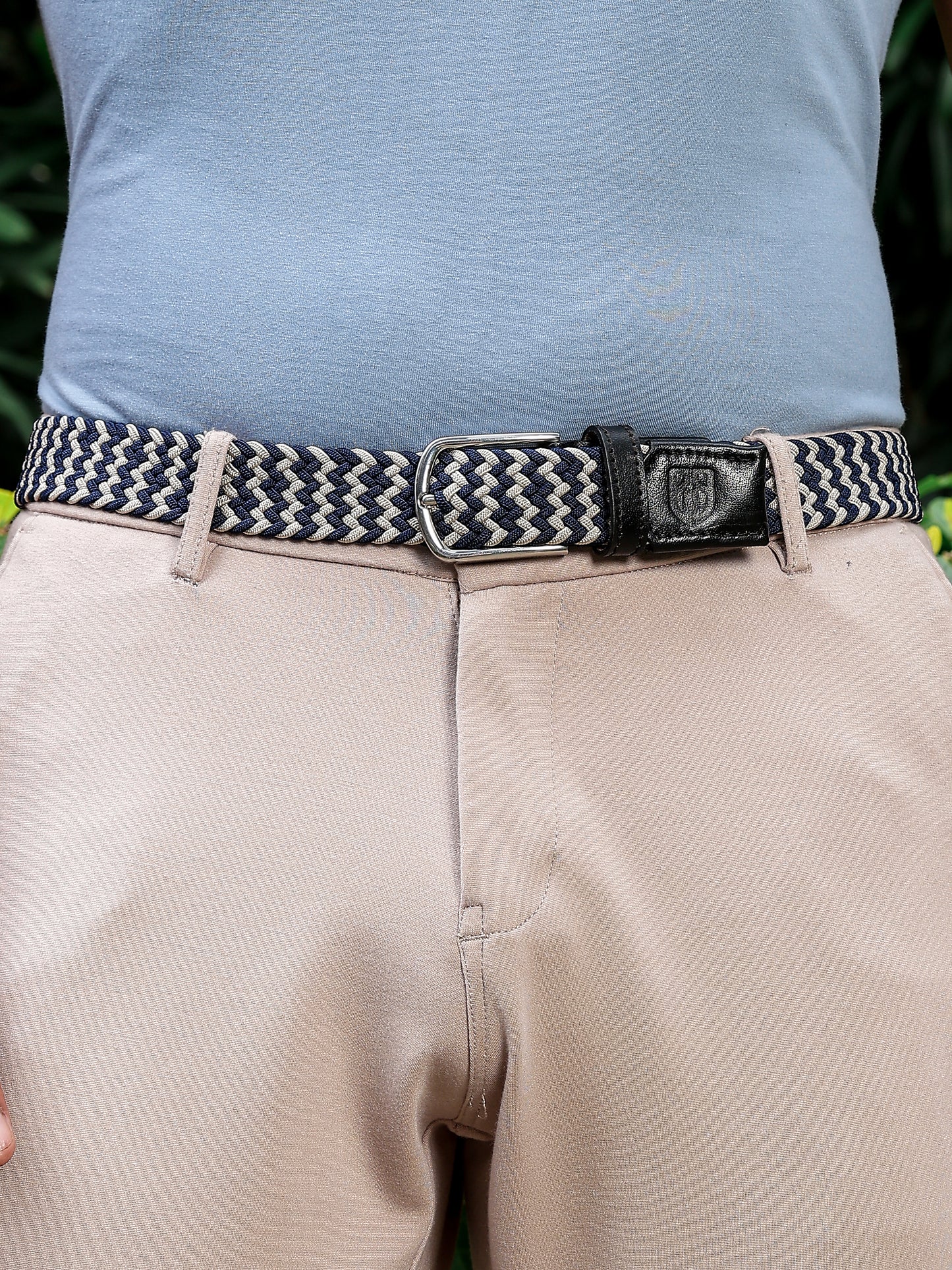 Golf Stretch Belt – Navy & White Chevron with Black Leather Trim