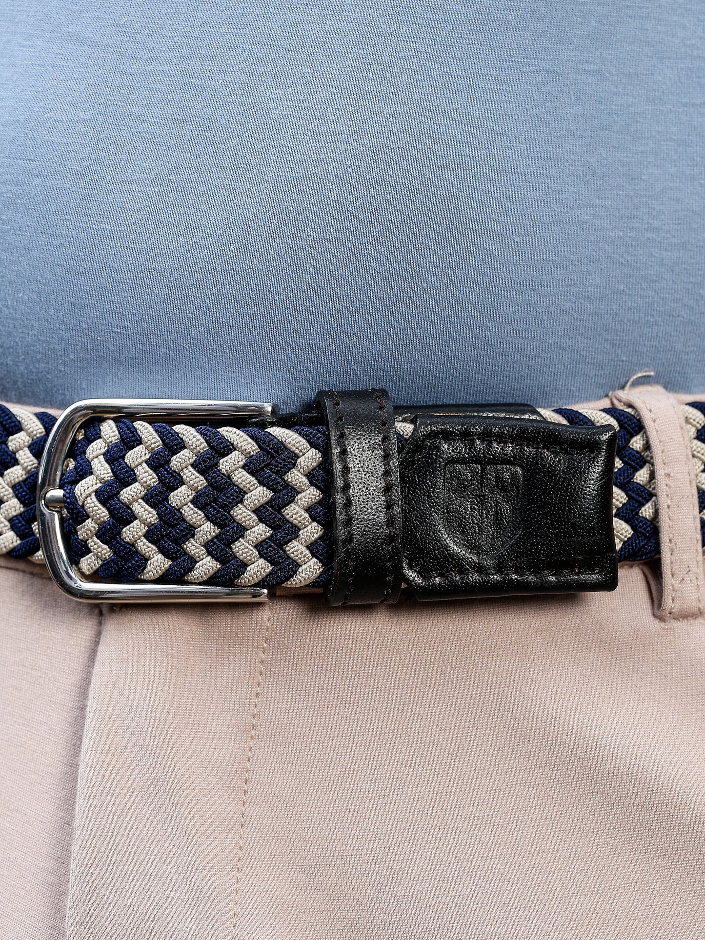Golf Stretch Belt – Navy & White Chevron with Black Leather Trim