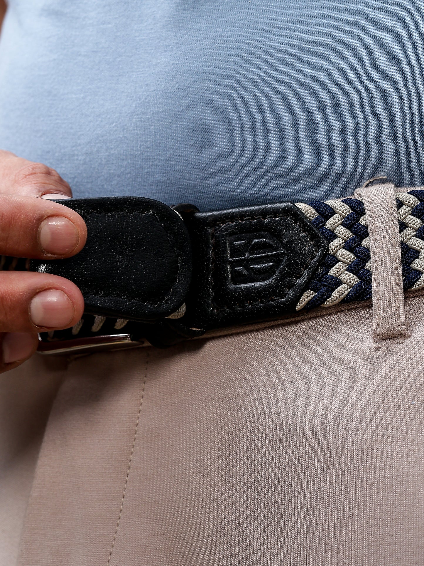 Golf Stretch Belt – Navy & White Chevron with Black Leather Trim