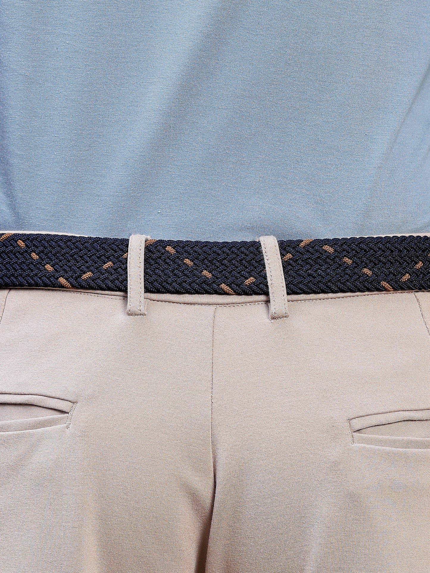 Golf Stretch Belt – Navy & Orange Dot with Brown Leather Trim