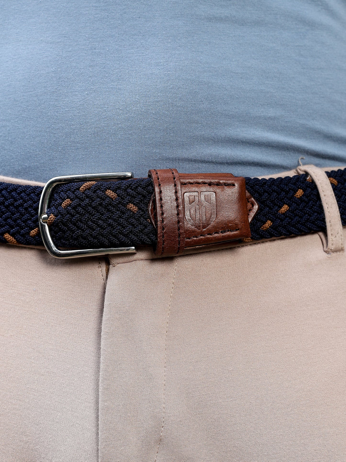 Golf Stretch Belt – Navy & Orange Dot with Brown Leather Trim