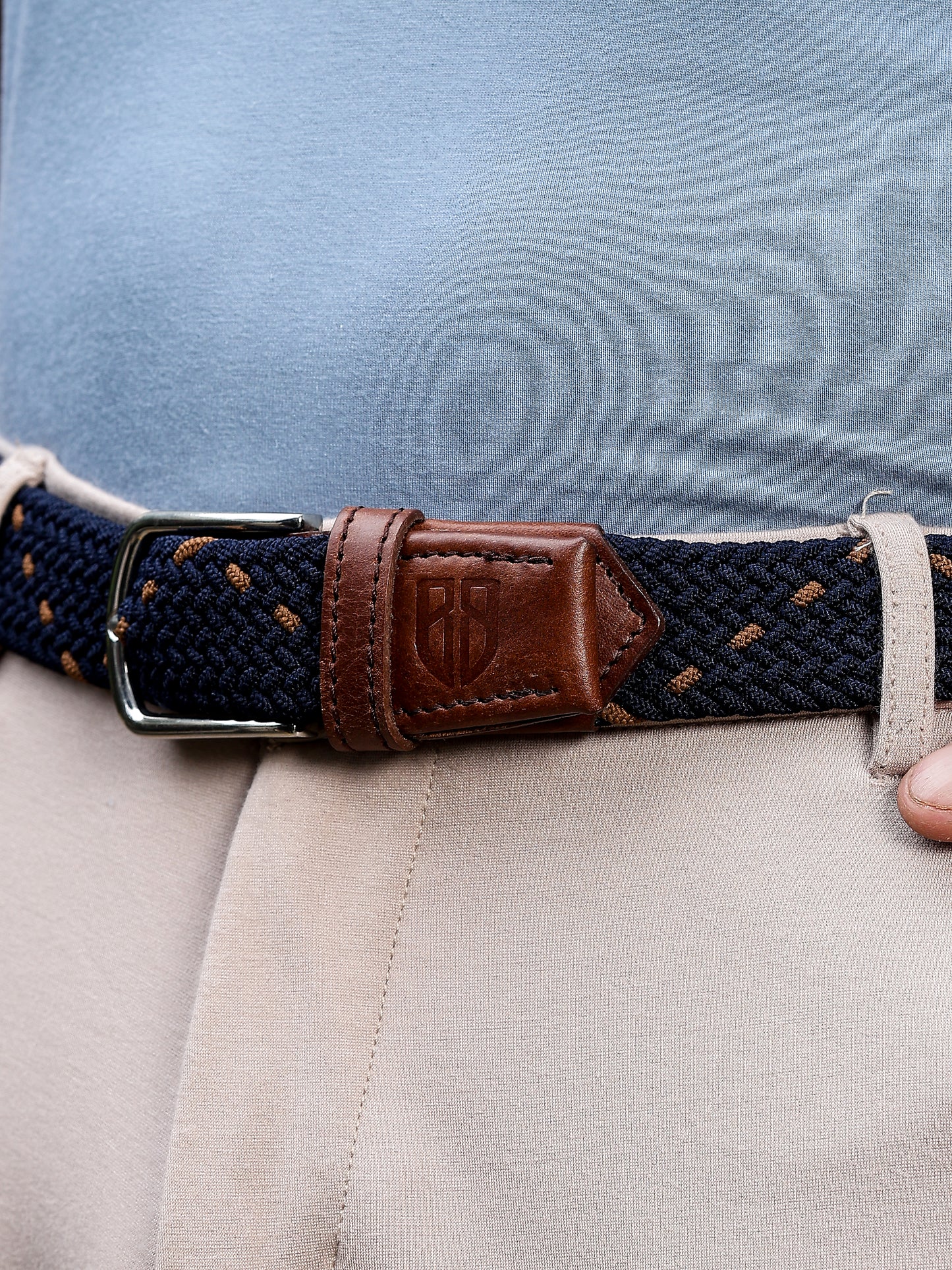 Golf Stretch Belt – Navy & Orange Dot with Brown Leather Trim