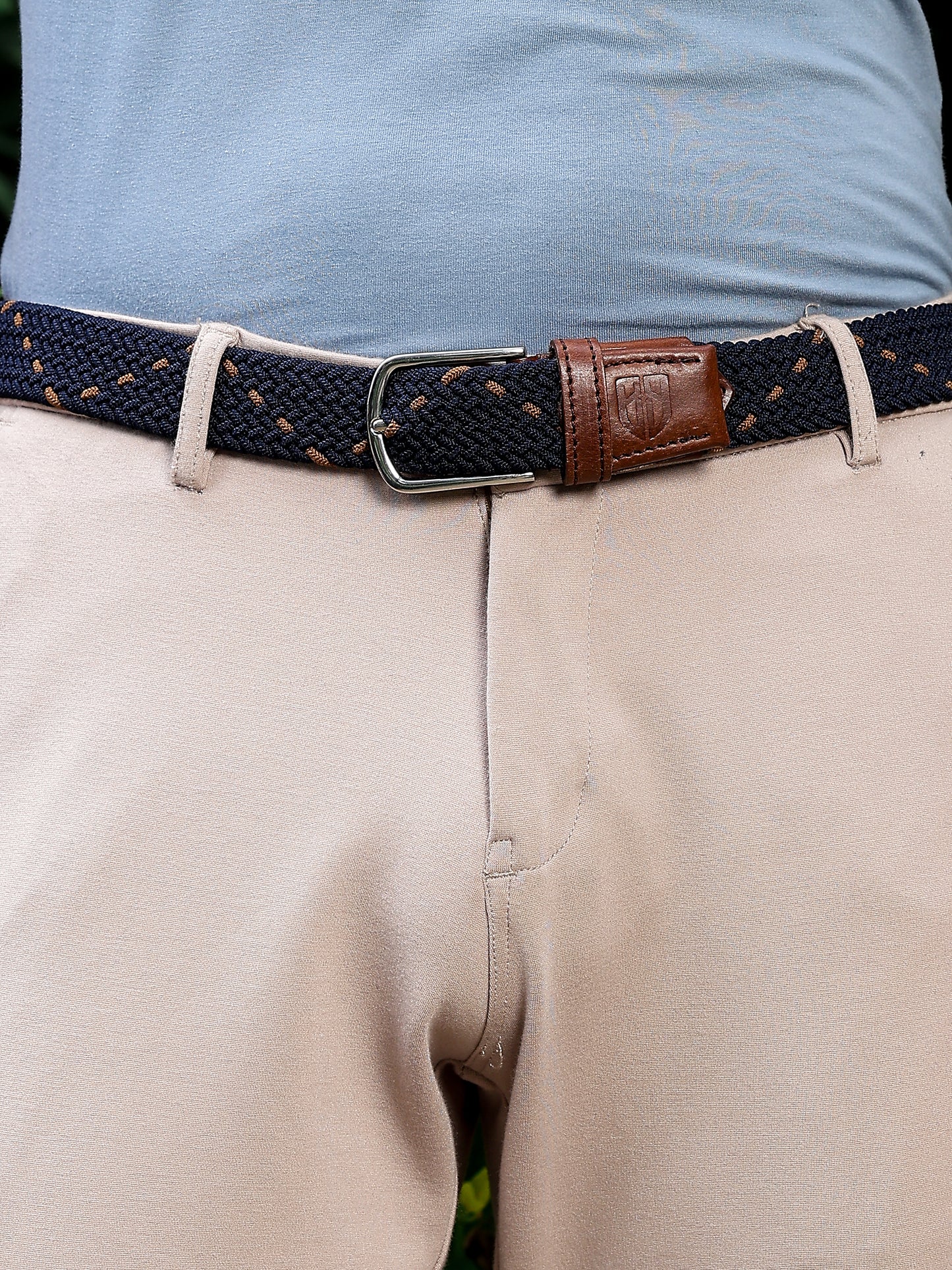 Golf Stretch Belt – Navy & Orange Dot with Brown Leather Trim