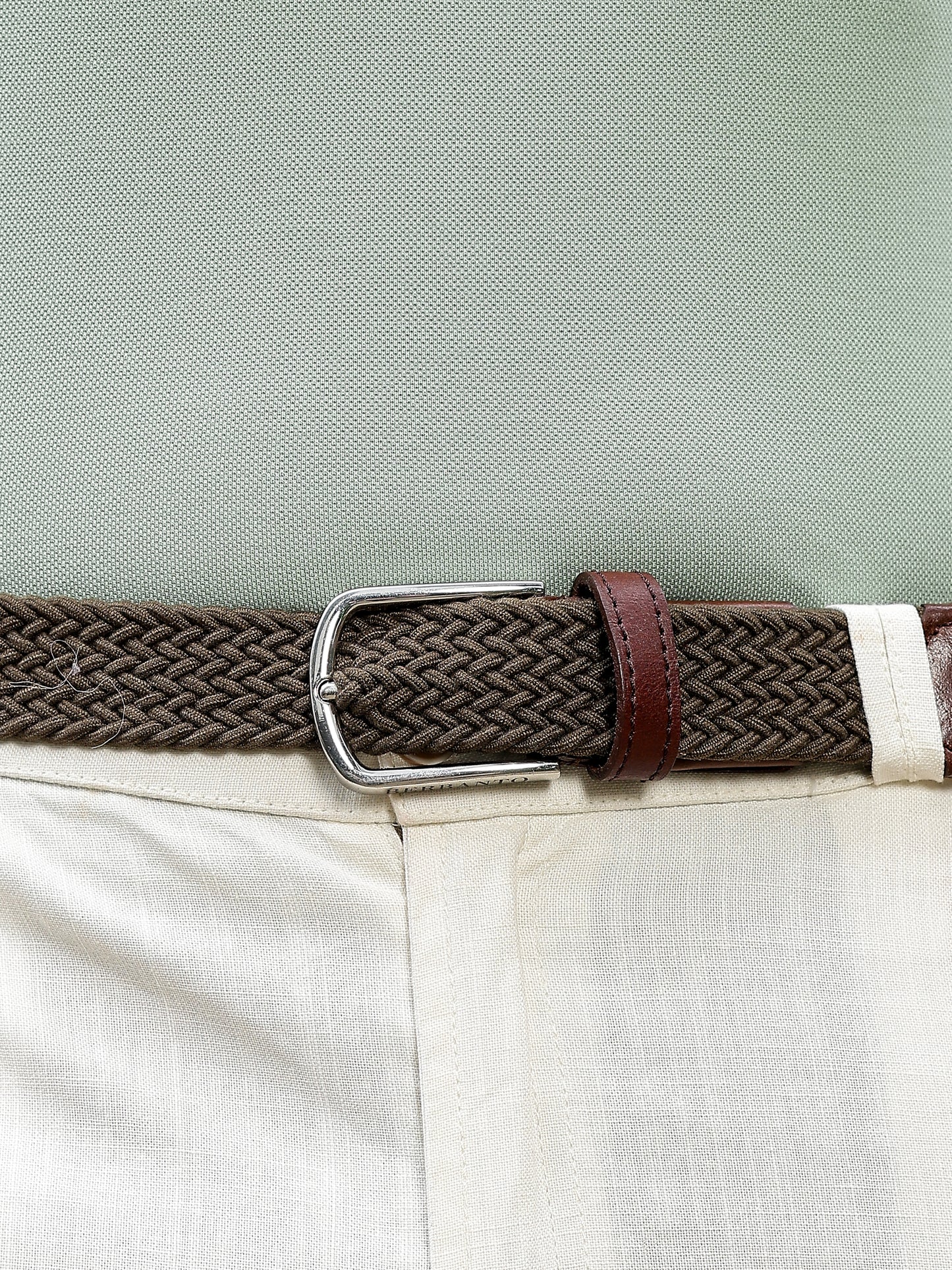 Golf Stretch Belt – Olive Green with Brown Leather Trim