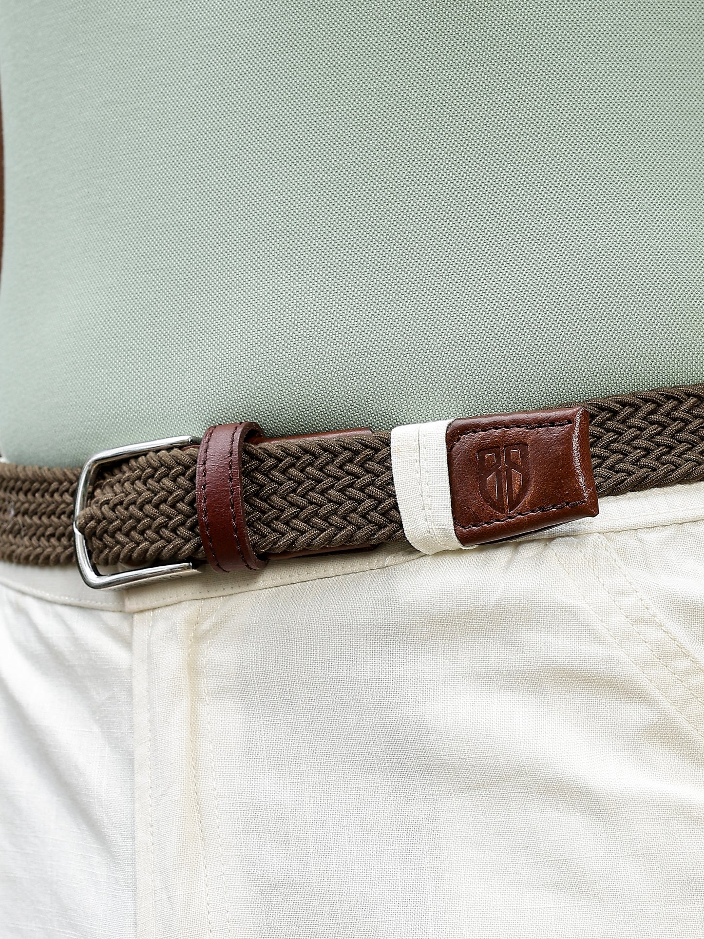 Golf Stretch Belt – Olive Green with Brown Leather Trim
