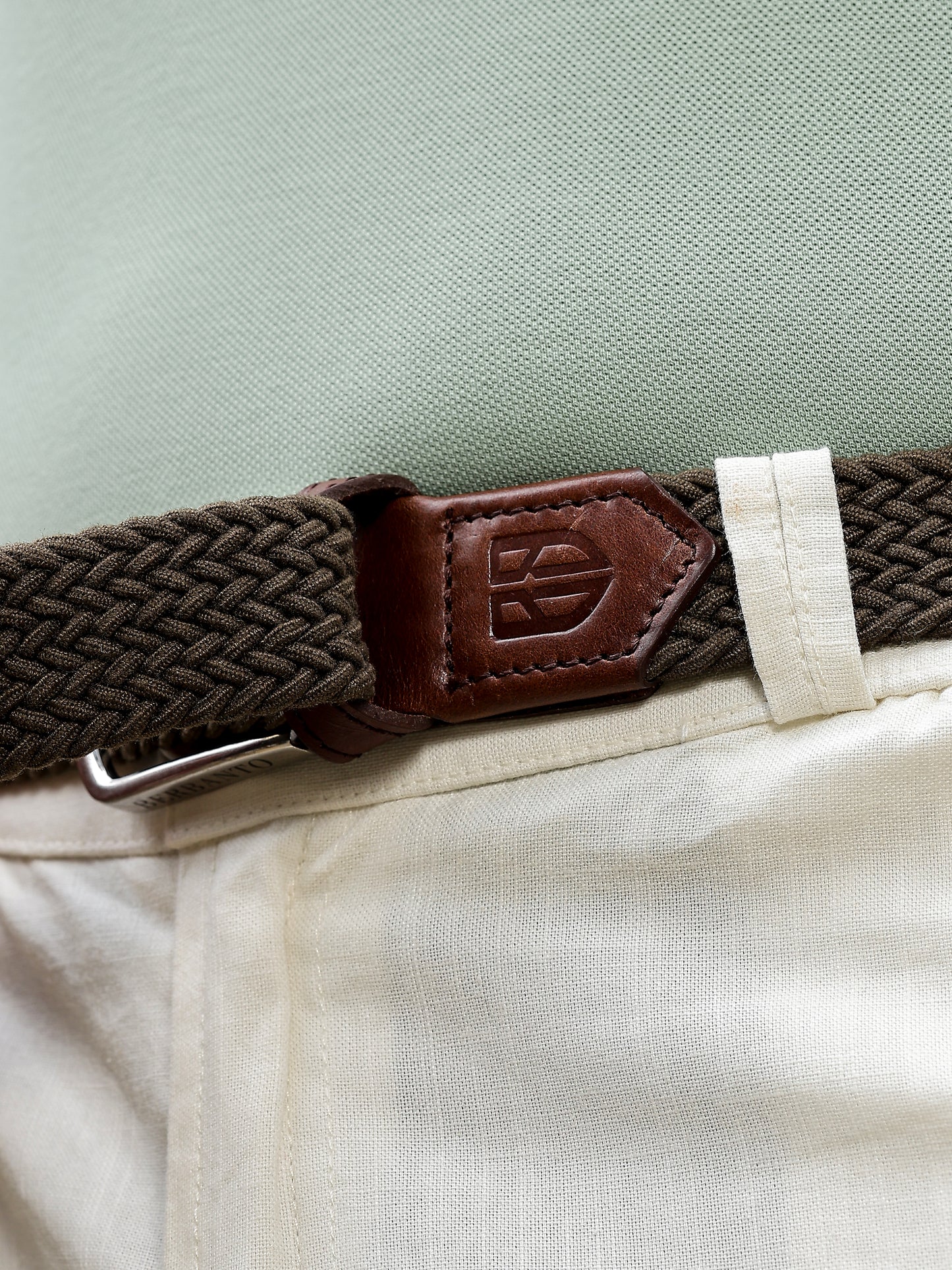 Golf Stretch Belt – Olive Green with Brown Leather Trim