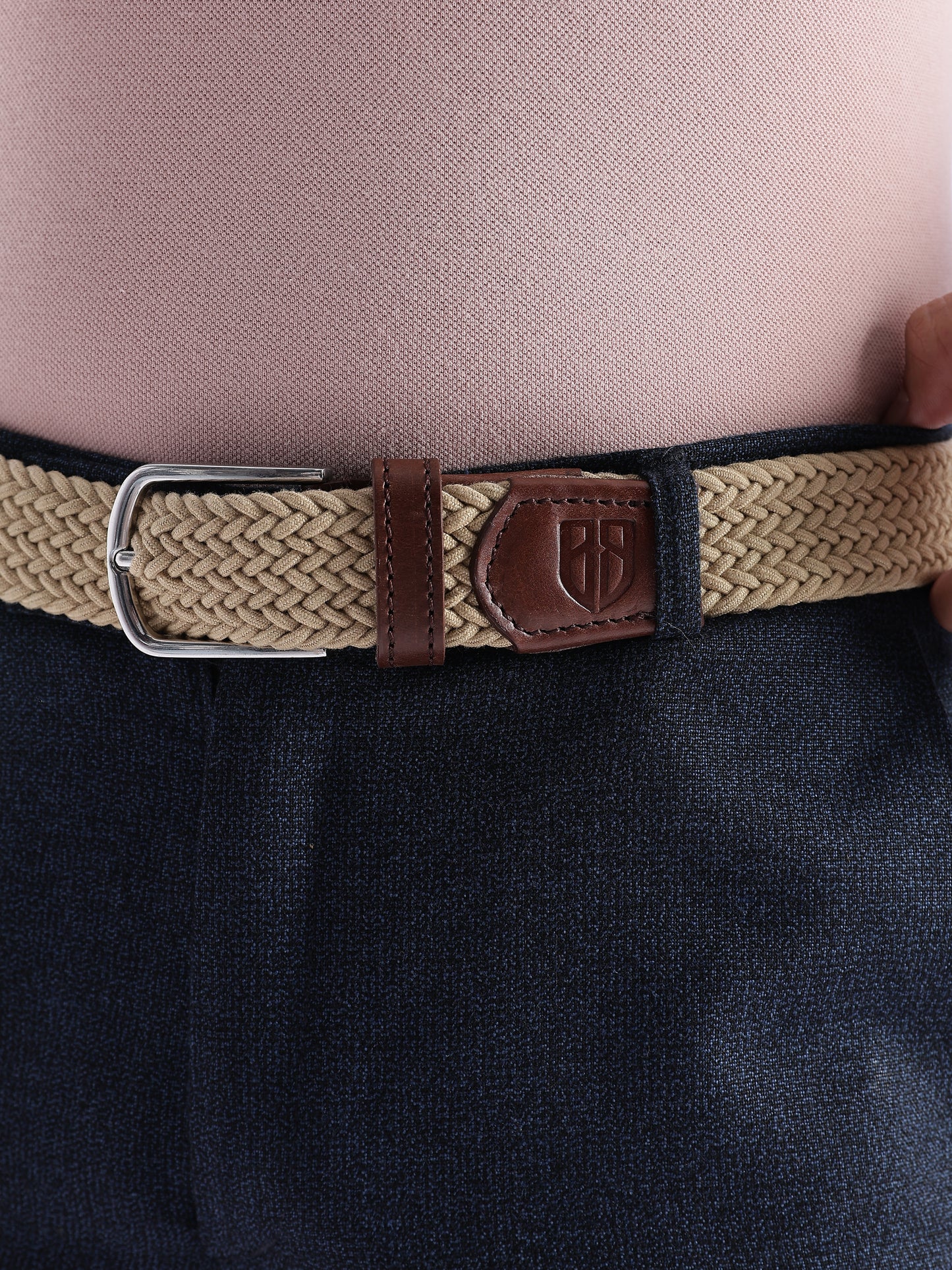 Golf Stretch Belt – Classic Beige with Brown Leather Trim