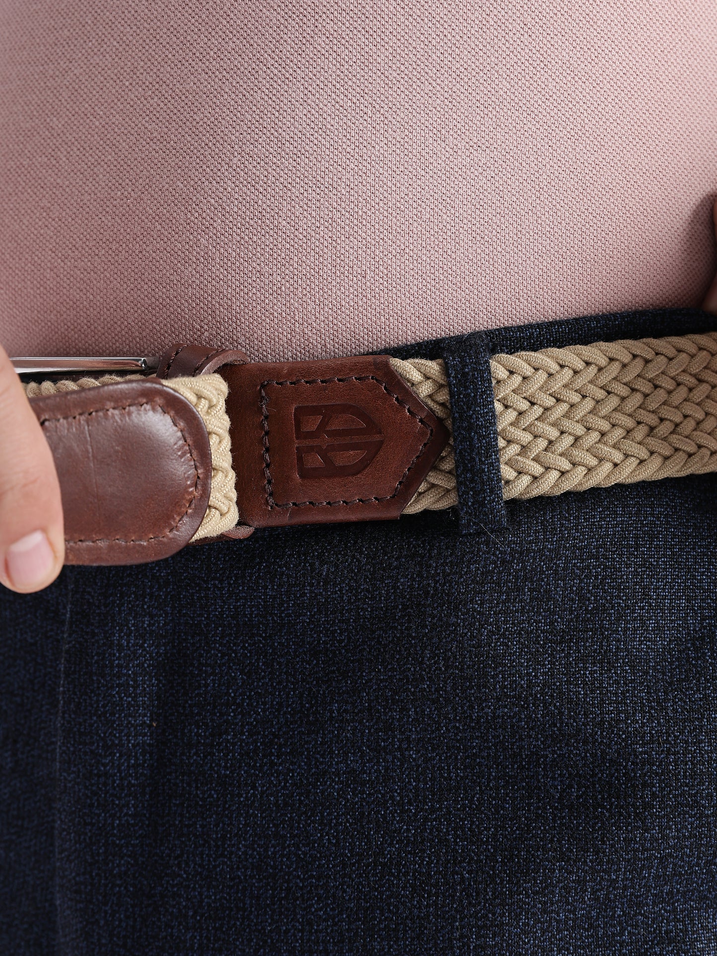Golf Stretch Belt – Classic Beige with Brown Leather Trim