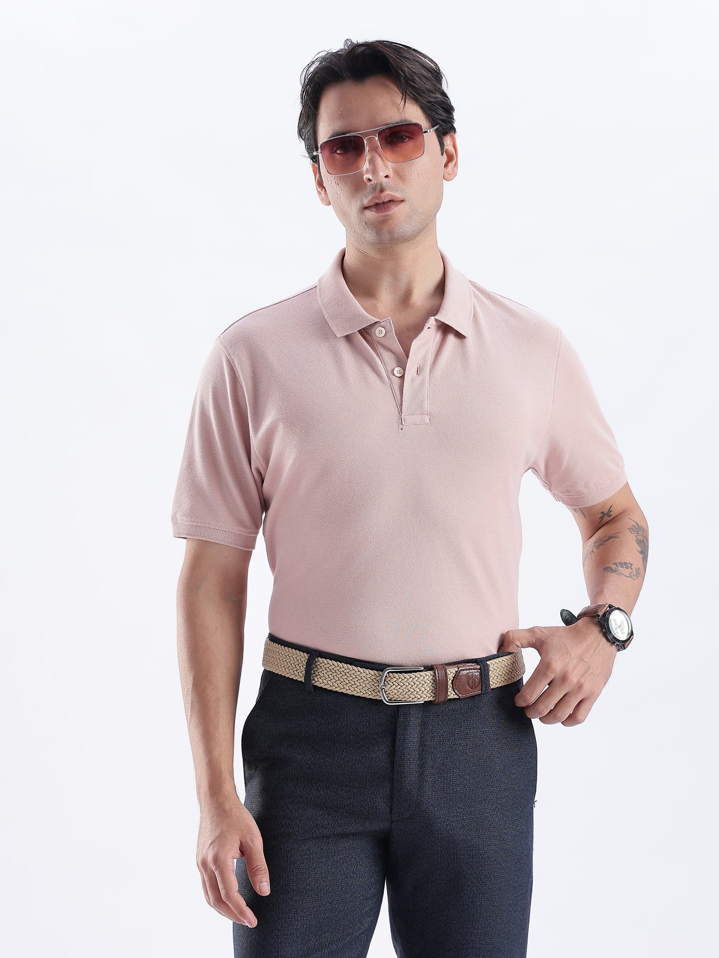 Golf Stretch Belt – Classic Beige with Brown Leather Trim
