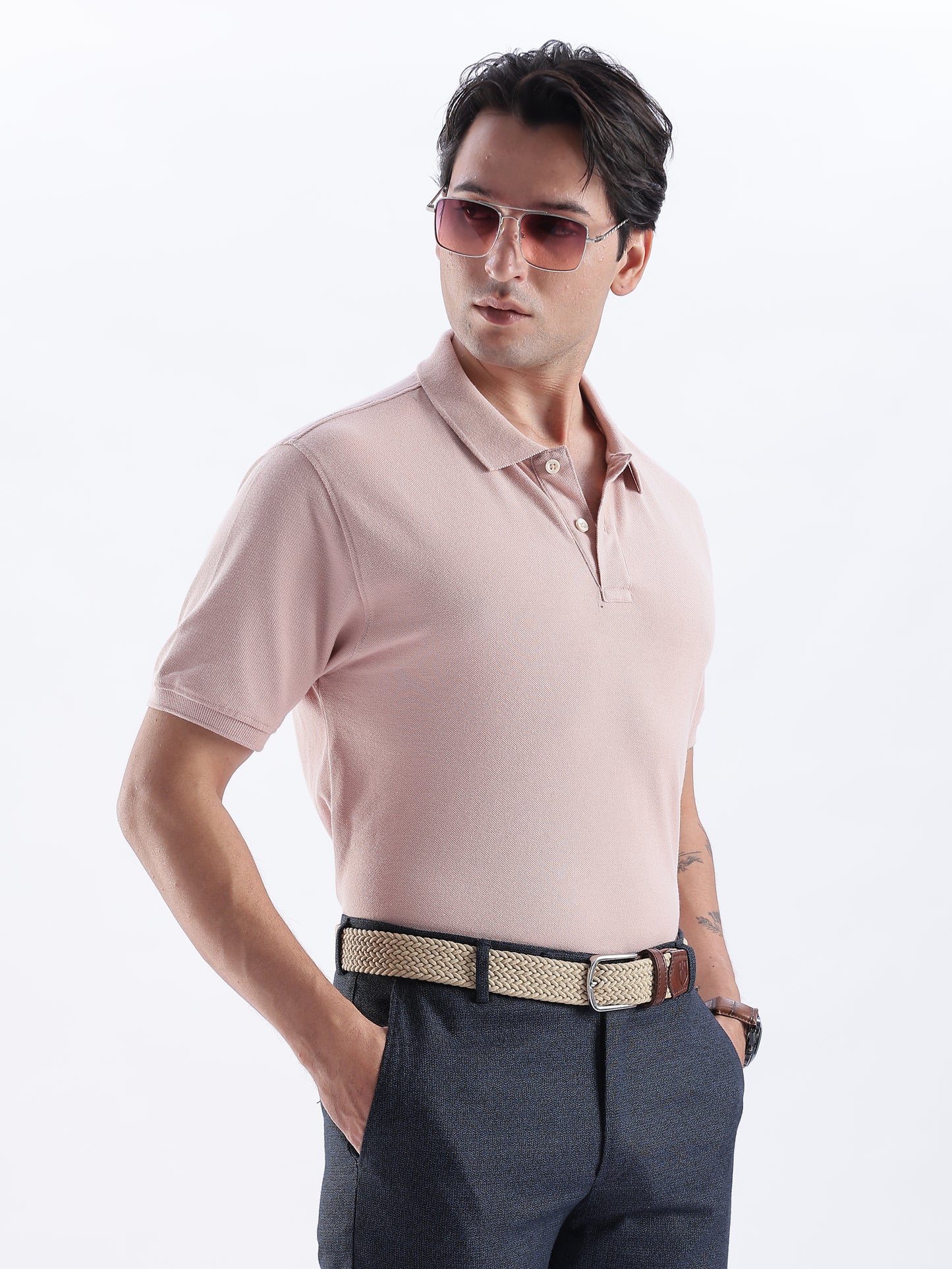 Golf Stretch Belt – Classic Beige with Brown Leather Trim