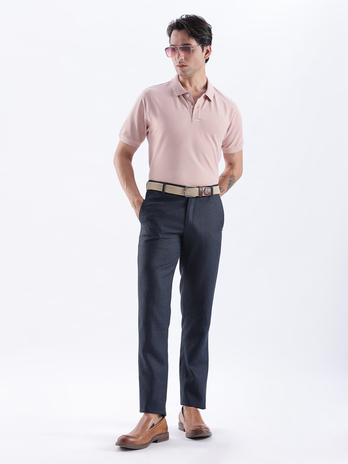 Golf Stretch Belt – Classic Beige with Brown Leather Trim