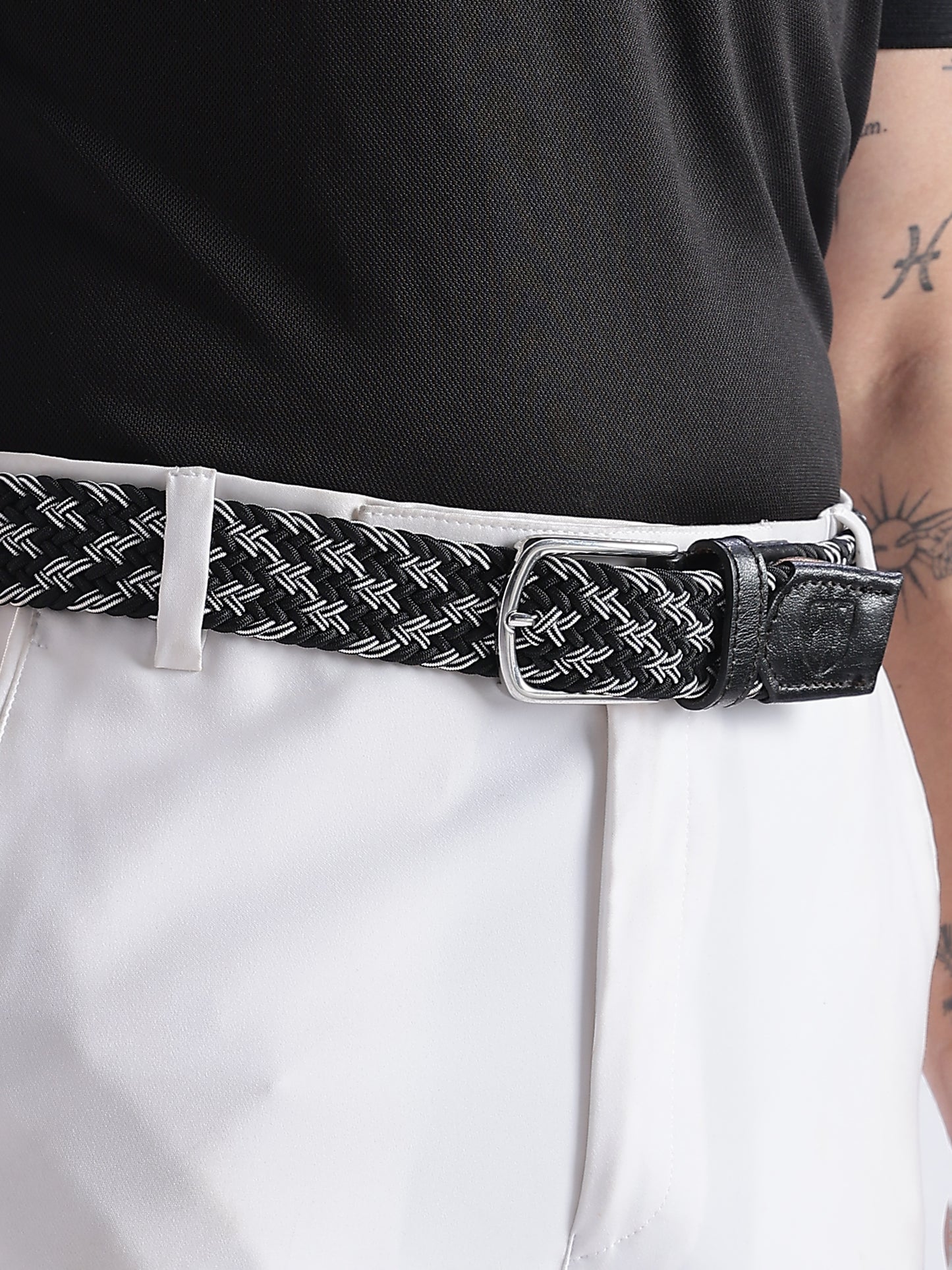 Golf Stretch Belt – Black & White Zigzag with Black Leather Trim