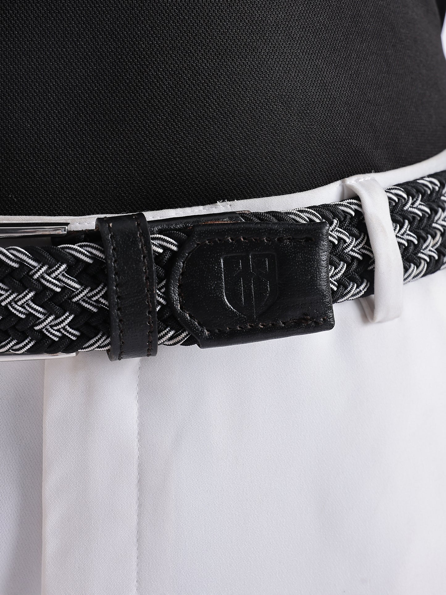 Golf Stretch Belt – Black & White Zigzag with Black Leather Trim
