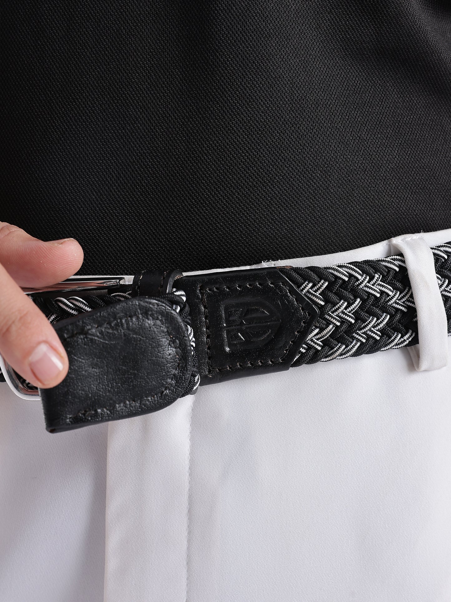 Golf Stretch Belt – Black & White Zigzag with Black Leather Trim