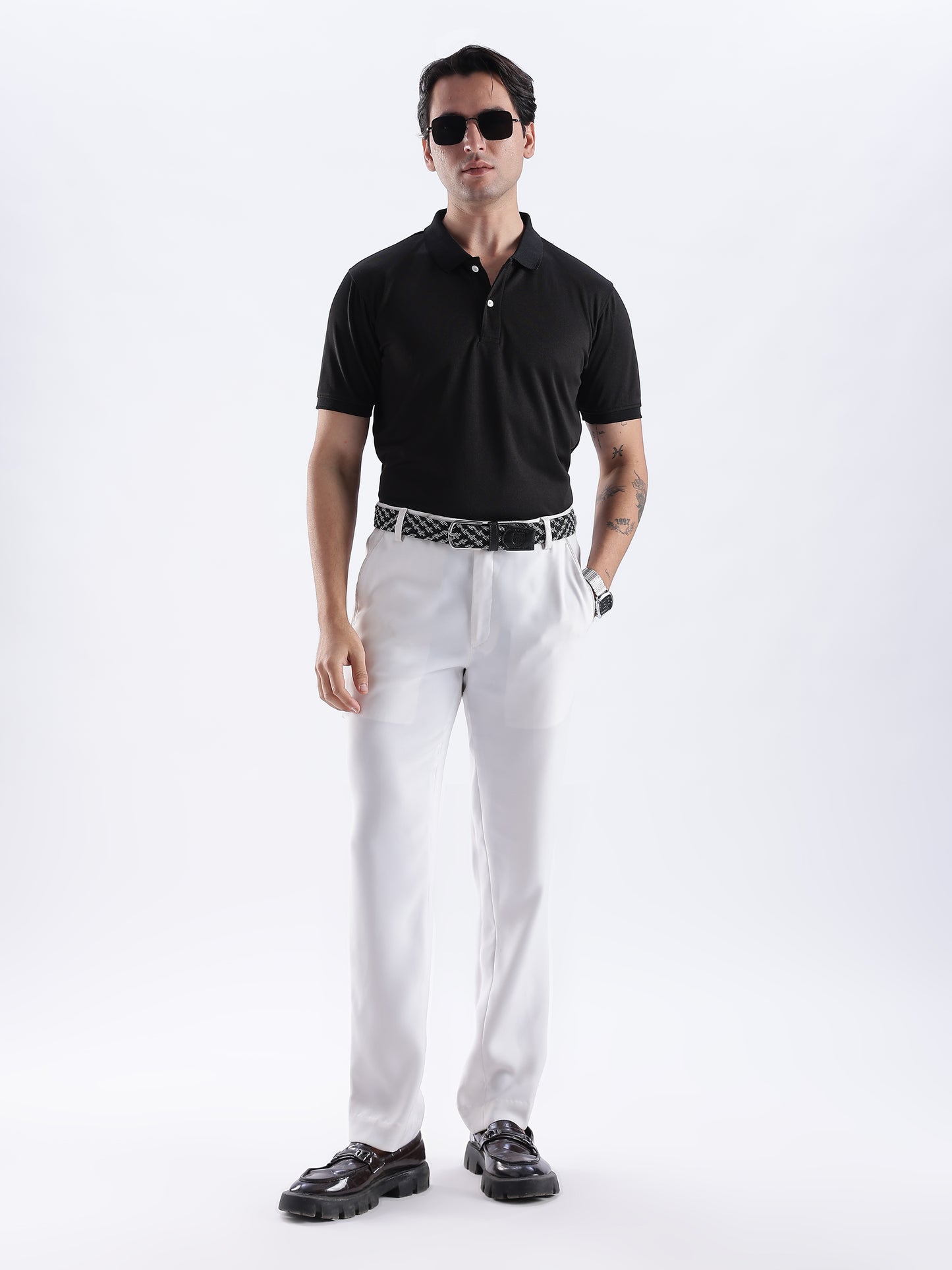 Golf Stretch Belt – Black & White Zigzag with Black Leather Trim