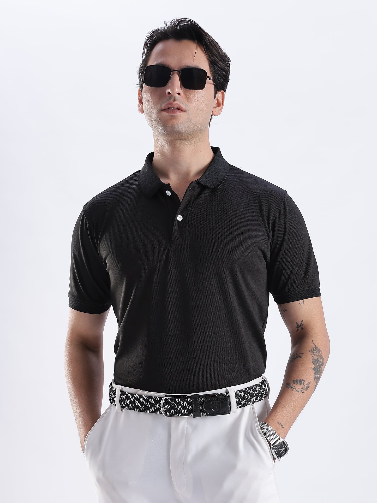 Golf Stretch Belt – Black & White Zigzag with Black Leather Trim