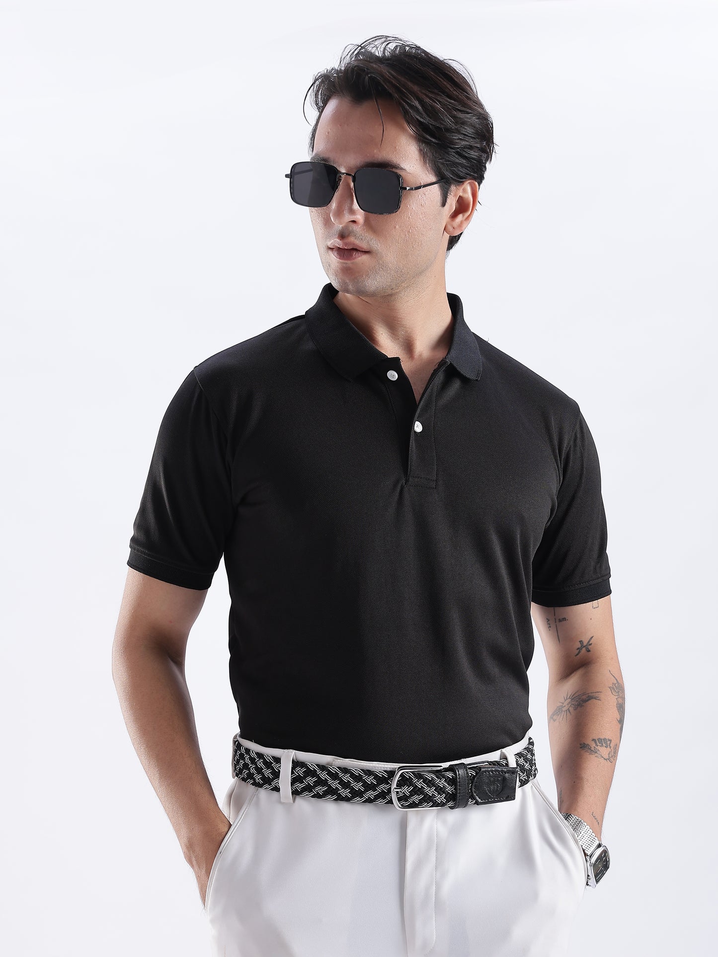 Golf Stretch Belt – Black & White Zigzag with Black Leather Trim