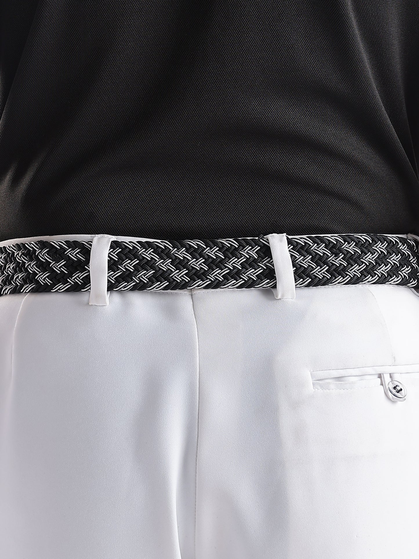 Golf Stretch Belt – Black & White Zigzag with Black Leather Trim