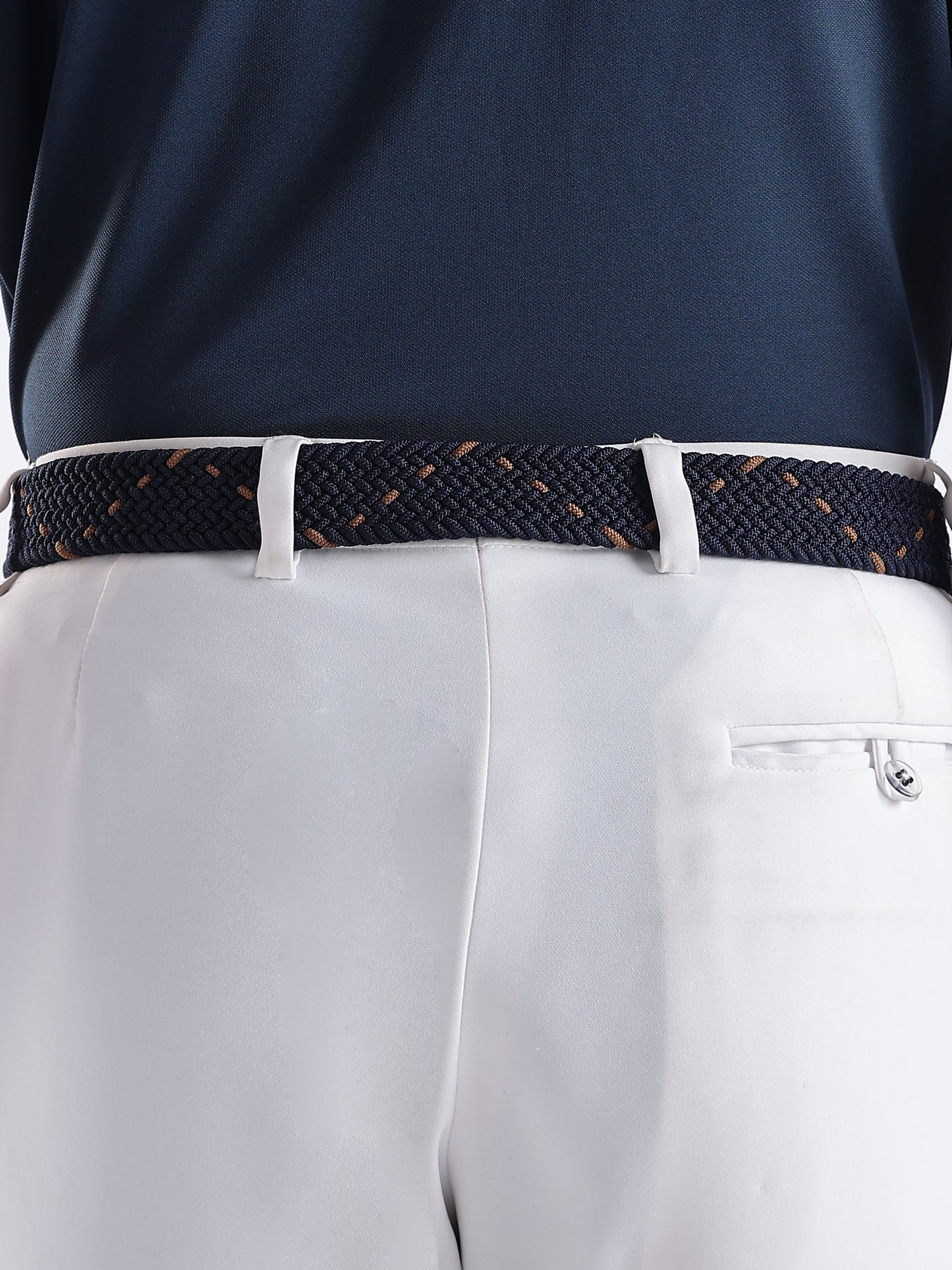 Golf Stretch Belt – Navy & Orange Dot with Black Leather Trim