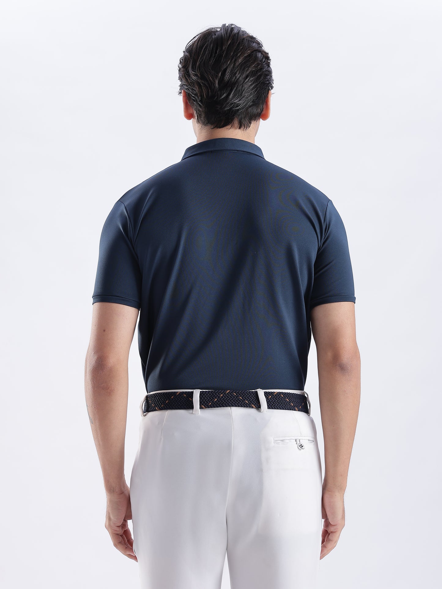 Golf Stretch Belt – Navy & Orange Dot with Black Leather Trim