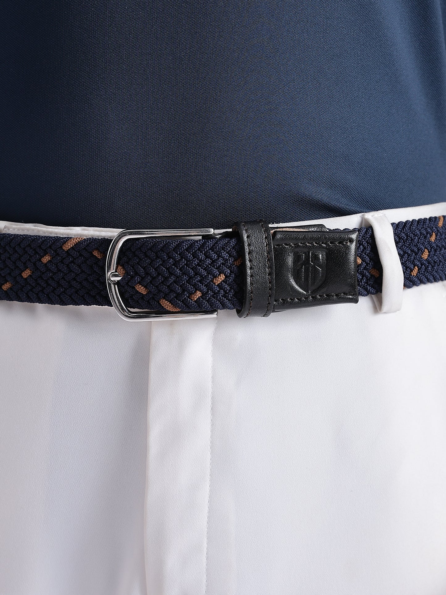 Golf Stretch Belt – Navy & Orange Dot with Black Leather Trim