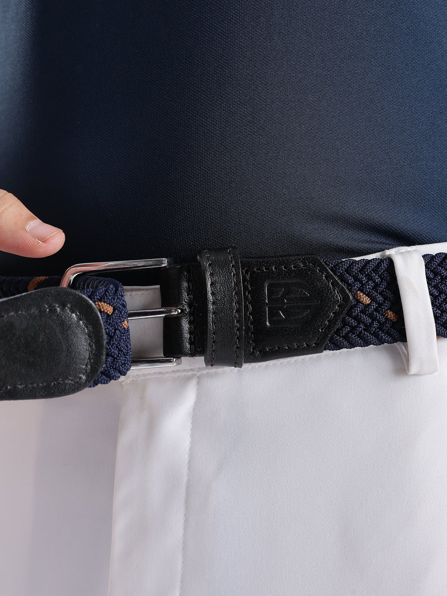 Golf Stretch Belt – Navy & Orange Dot with Black Leather Trim
