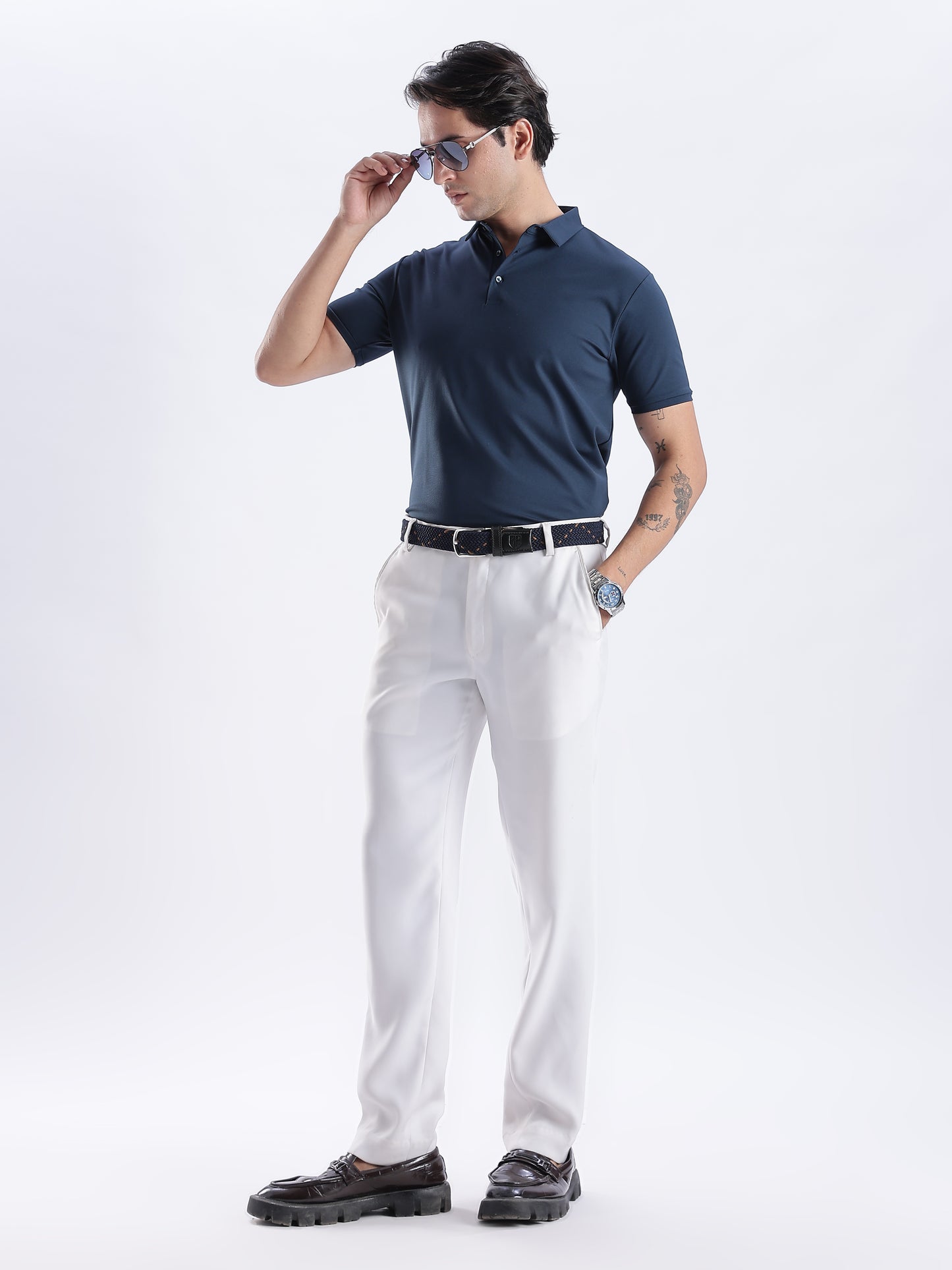 Golf Stretch Belt – Navy & Orange Dot with Black Leather Trim