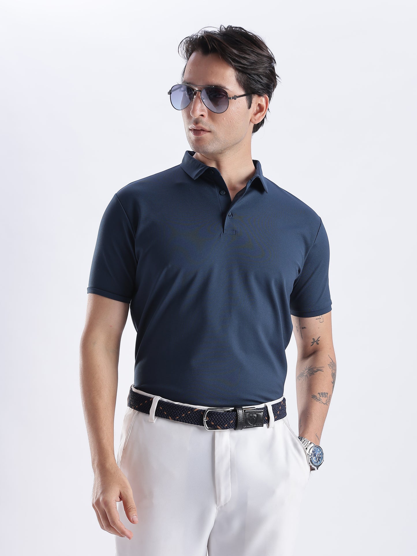 Golf Stretch Belt – Navy & Orange Dot with Black Leather Trim