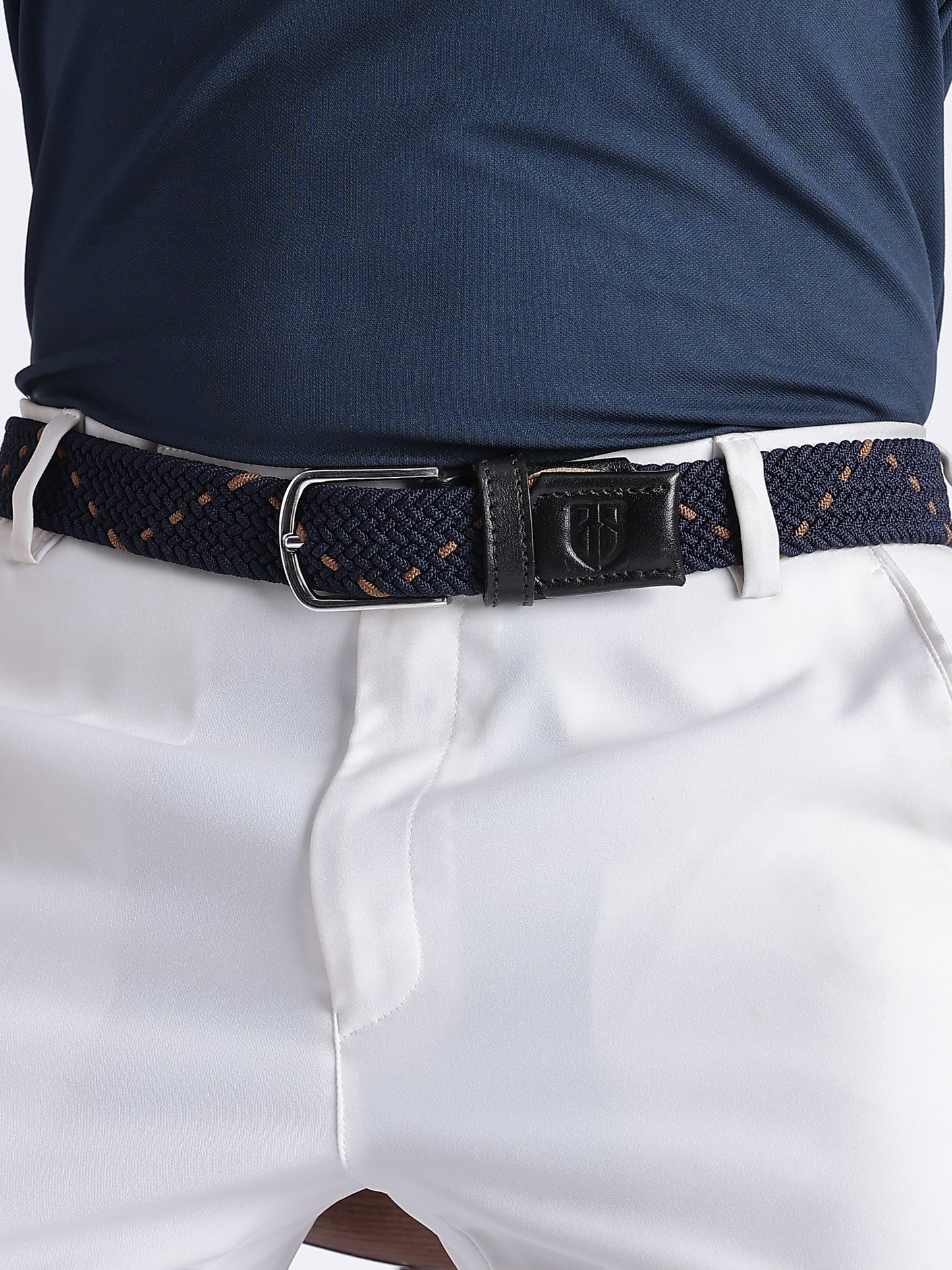 Golf Stretch Belt – Navy & Orange Dot with Black Leather Trim