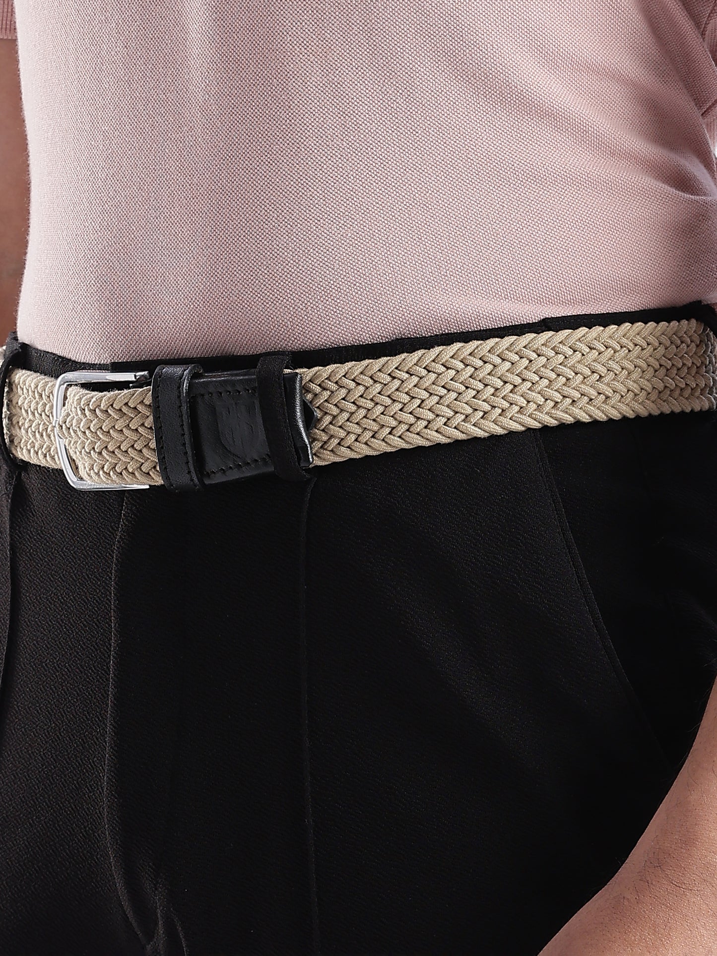 Golf Stretch Belt – Classic Beige with Black Leather Trim