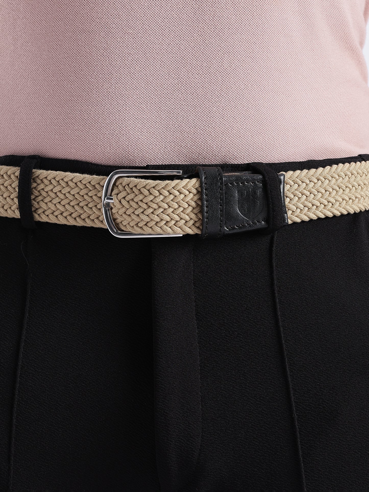 Golf Stretch Belt – Classic Beige with Black Leather Trim