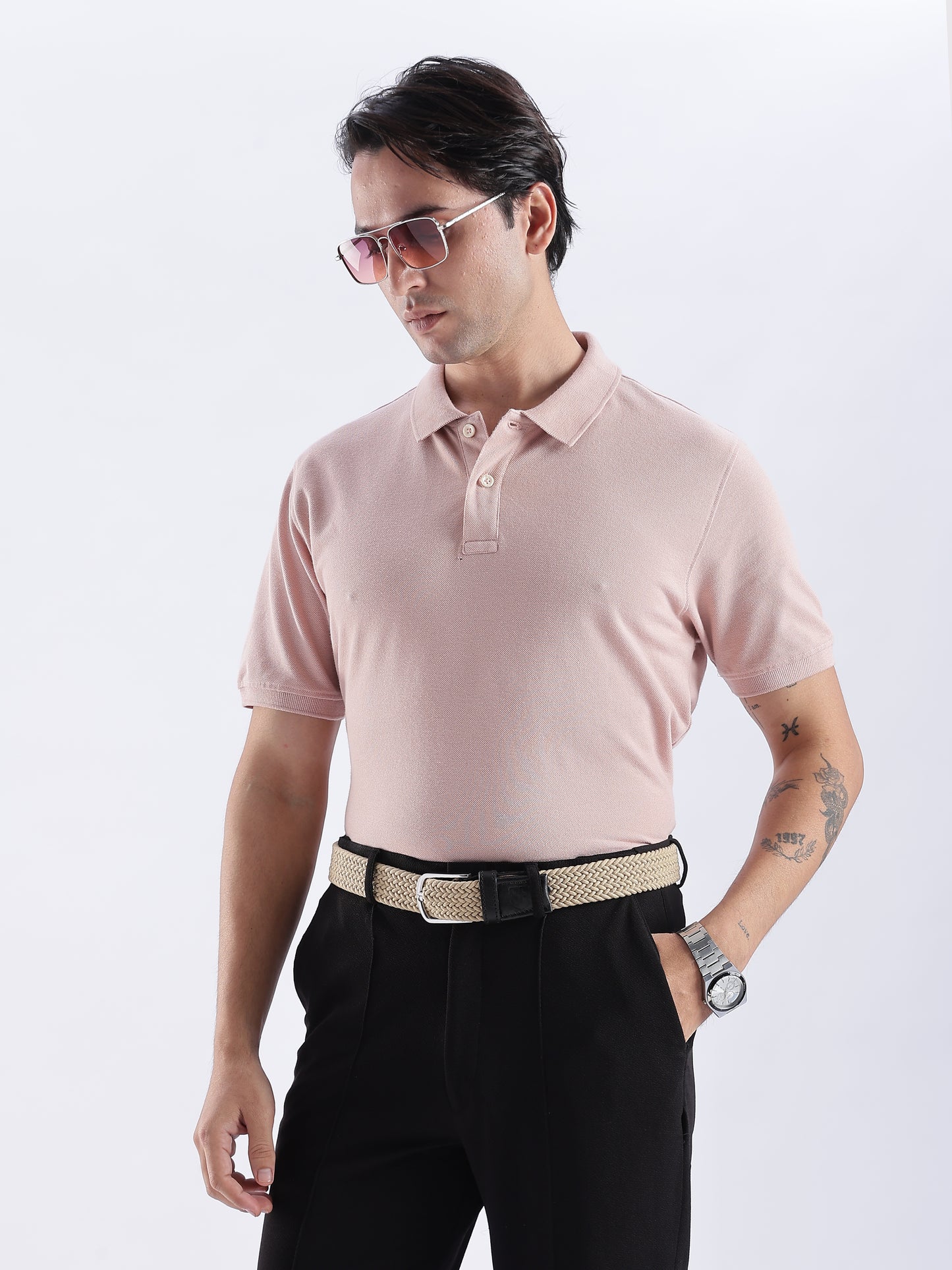 Golf Stretch Belt – Classic Beige with Black Leather Trim