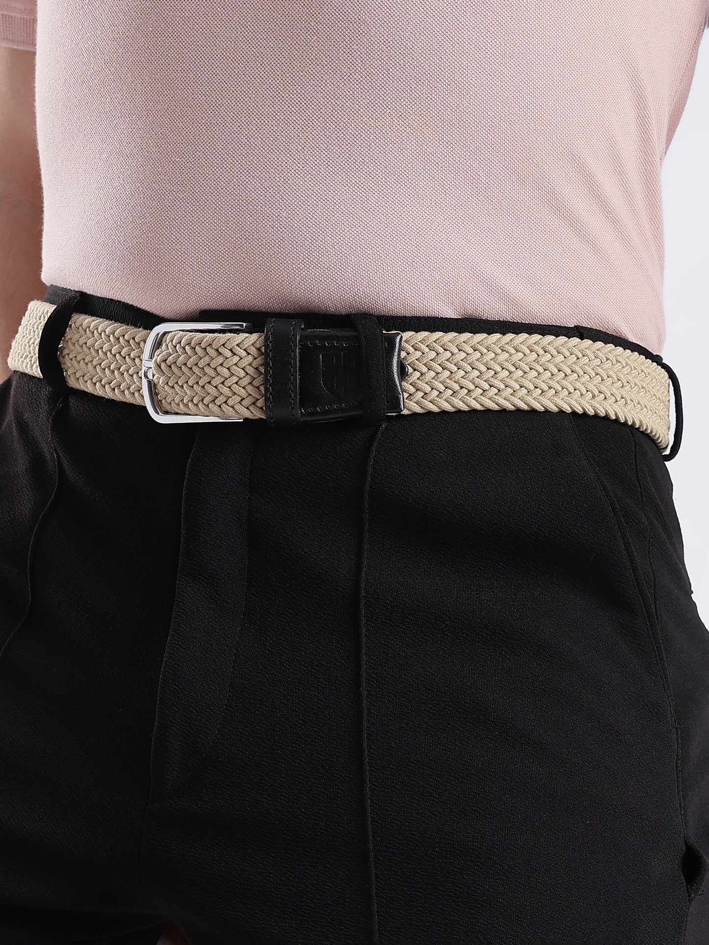 Golf Stretch Belt – Classic Beige with Black Leather Trim