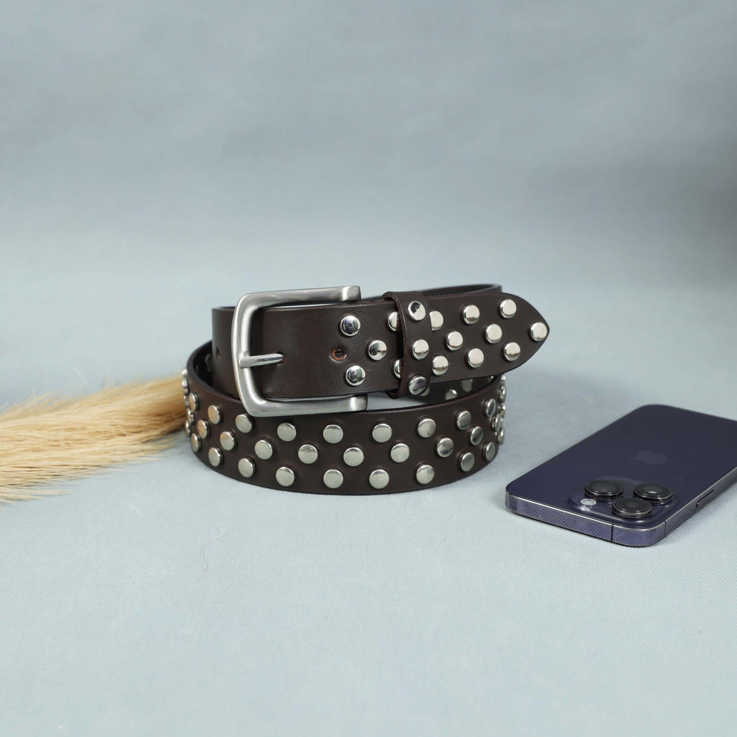 Studded Brown Leather Belt with Silver Buckle