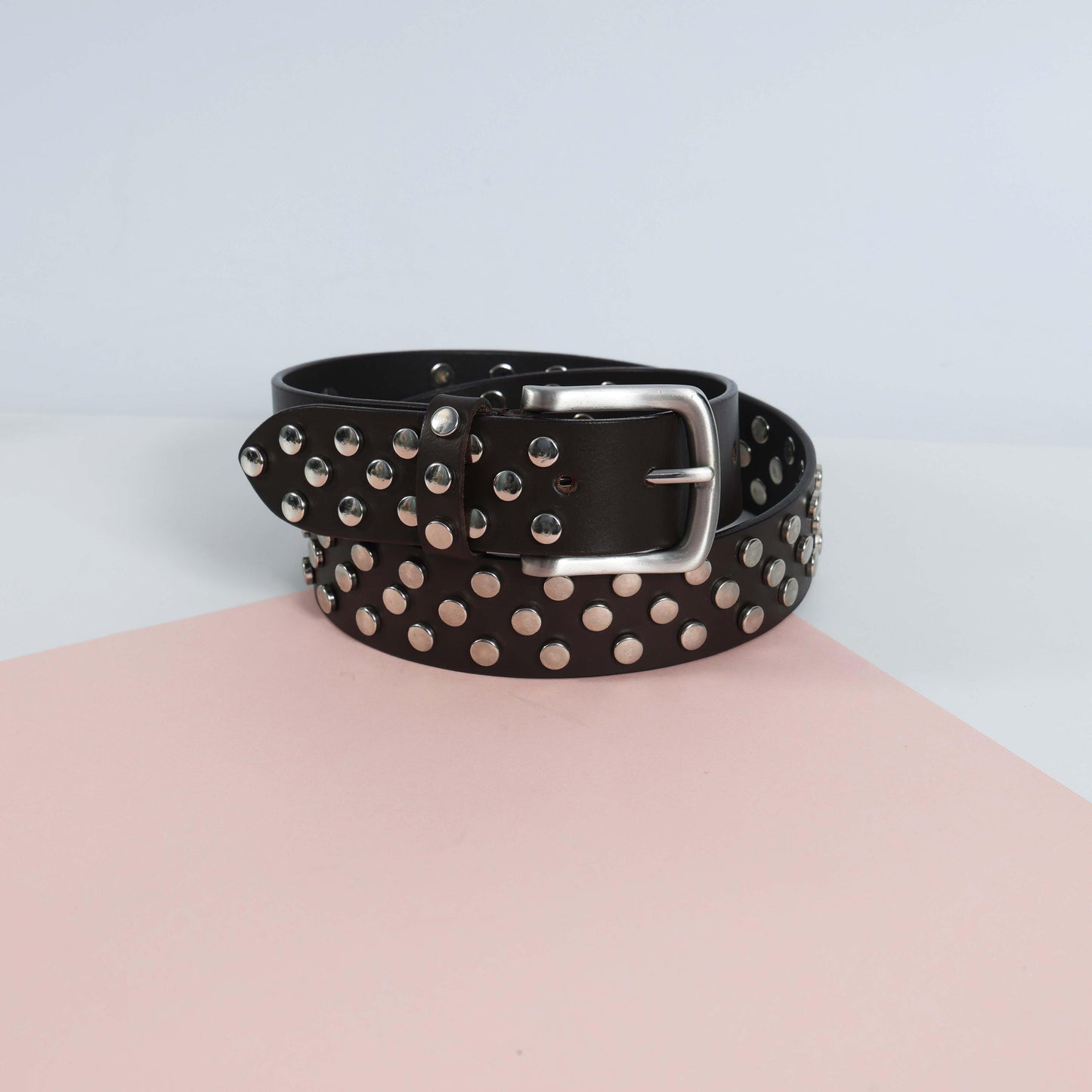 Studded Brown Leather Belt with Silver Buckle