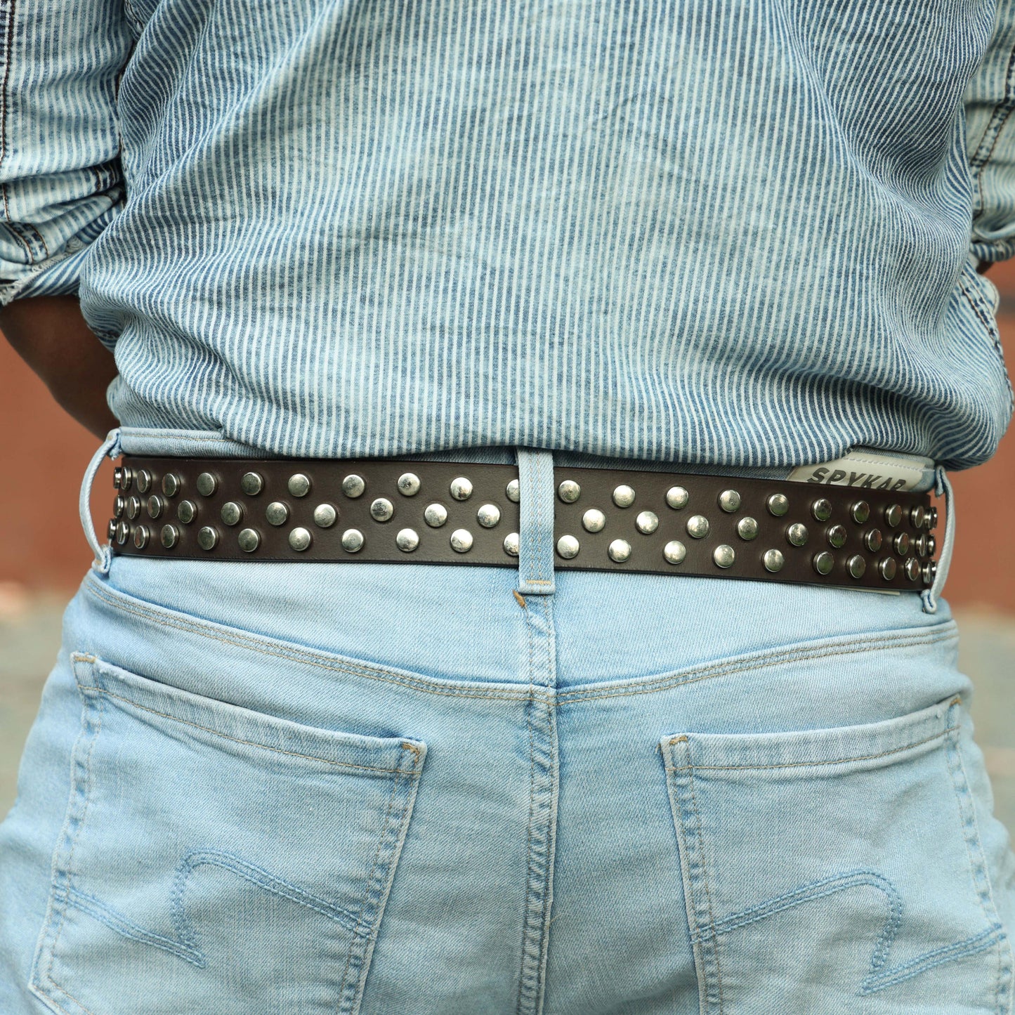 Studded Brown Leather Belt with Silver Buckle