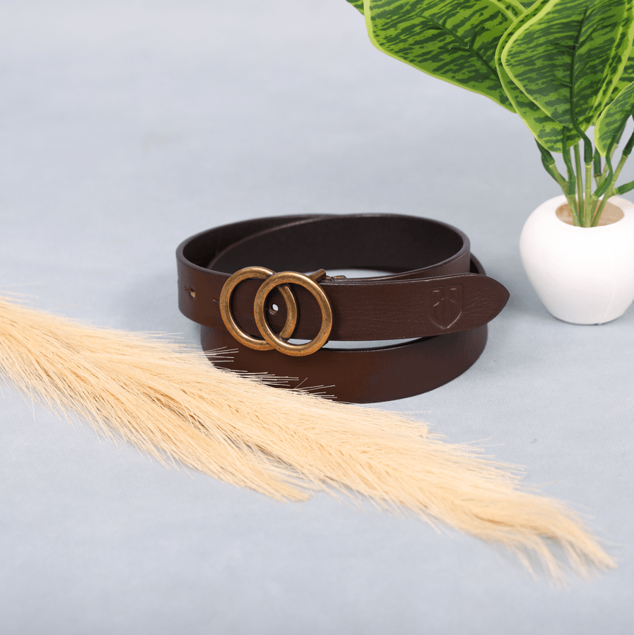 Brown Leather Belt for Women with Round Antique Buckle