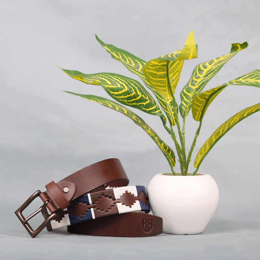 Brown Polo Leather Belt with Blue, Cream, and Brown Stitching & Antique Buckle