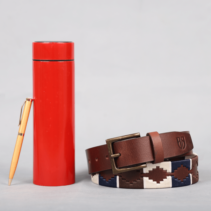 Brown Polo Leather Belt with Blue, Cream, and Brown Stitching & Antique Buckle