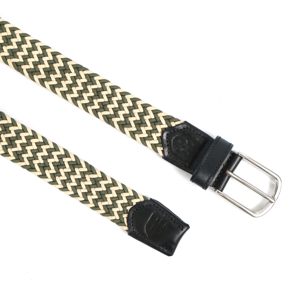 Golf Stretch Belt – Olive & Beige Zigzag with Black Leather Trim