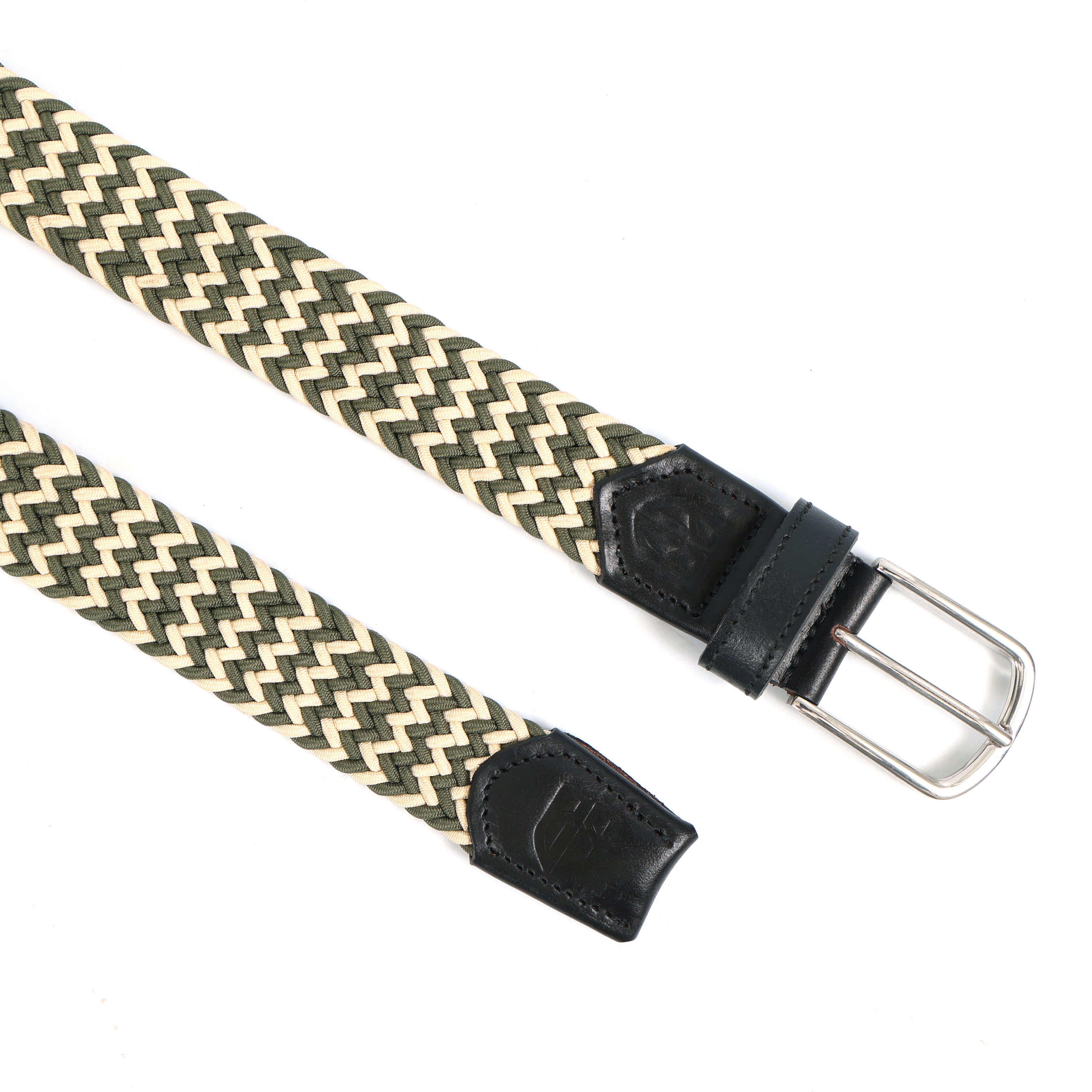 Golf Stretch Belt – Olive & Beige Zigzag with Black Leather Trim