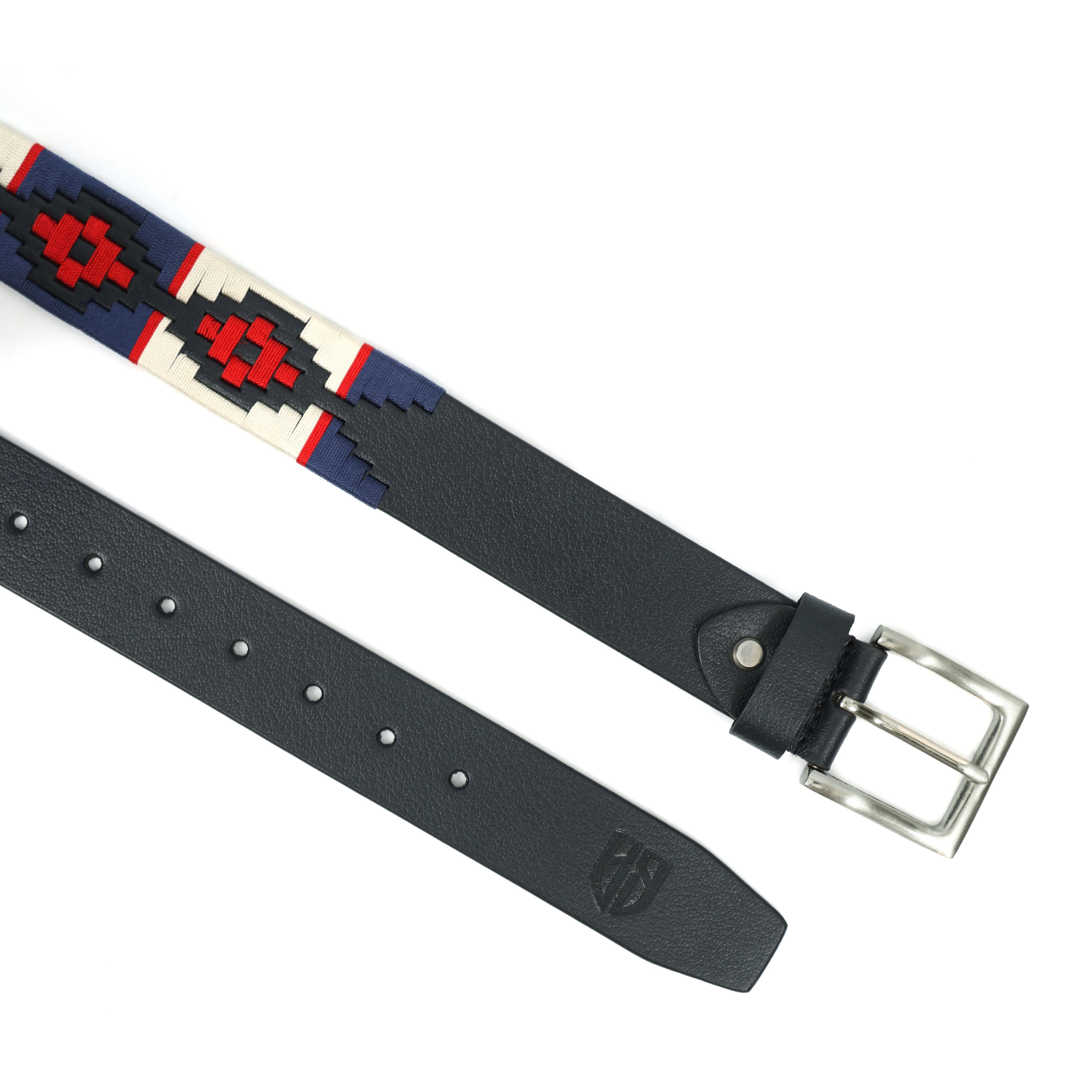 Red, Cream & Navy Polo Belt – Hand-Embroidered Premium Full-Grain Black Leather Belt