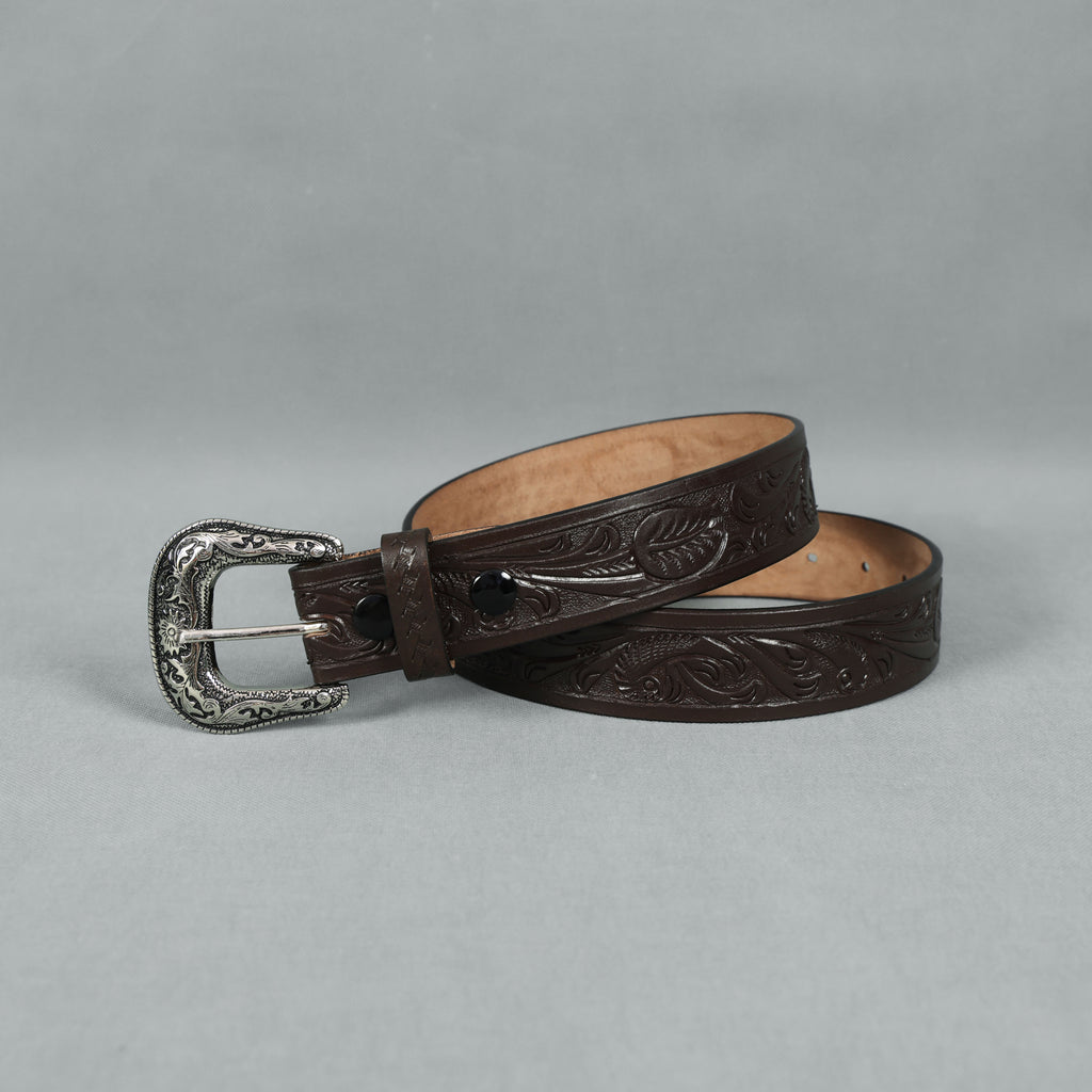 Dark Brown Leather Western Belt with Western Engraved Rustic Silver Buckle + Free Antique Plain Buckle