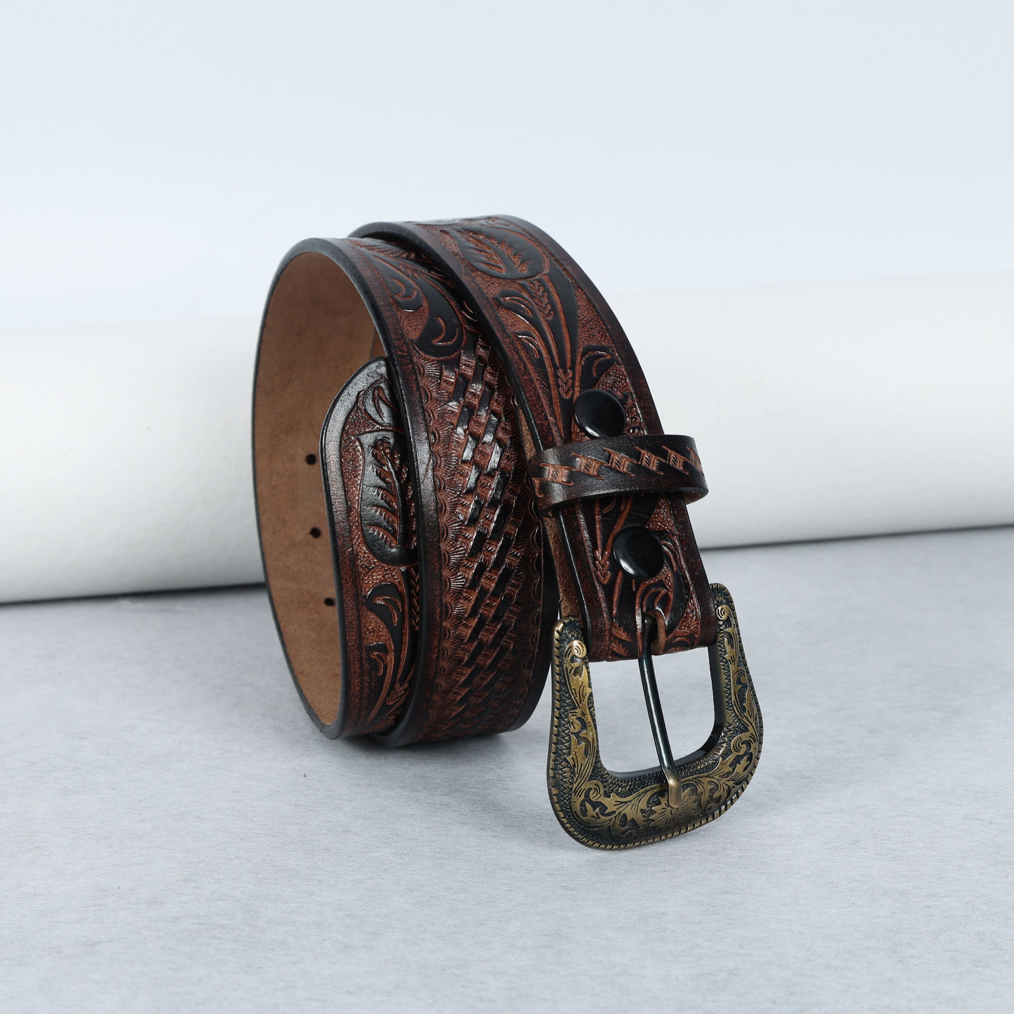 Berbanto Two Tone Brown Leather Western Belt with Western Engraved Brass Buckle + Free Antique Plain Buckle