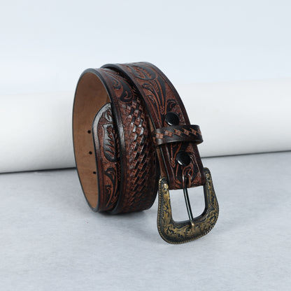 Berbanto Two Tone Brown Leather Western Belt with Western Engraved Brass Buckle + Free Antique Plain Buckle